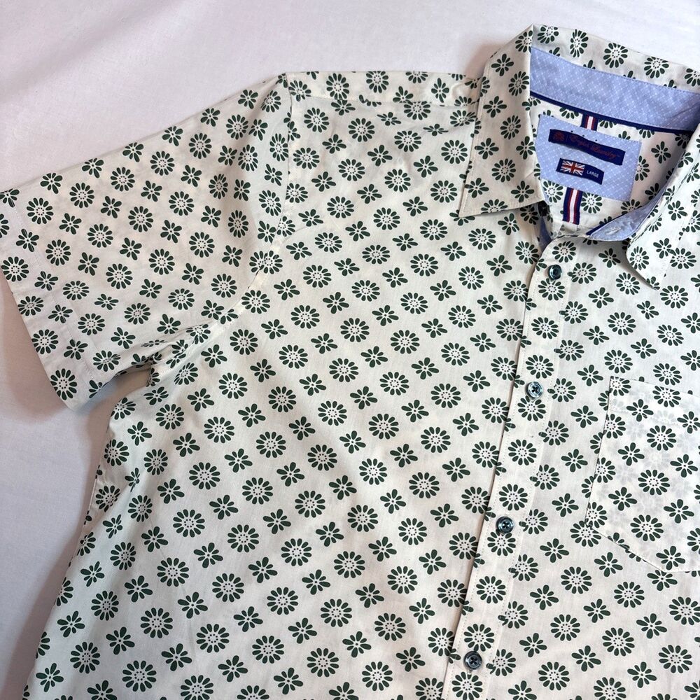 English Laundry Shirt Mens Large White Green Geometric Short Sleeve Button Front